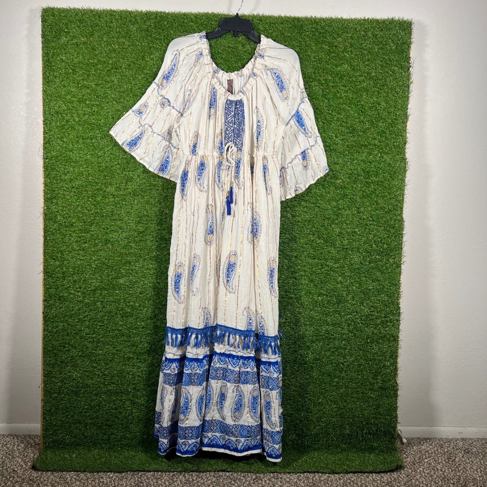 Boutique Boho Paisley Maxi Dress White‎ Blue Gold Metallic Trim Tassel Tie XL